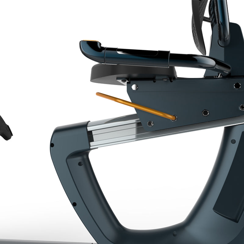 Impulse Encore ECR7 Recumbent Exercise Bike. Close-up of a mechanical component that adjusts the seat on a white background