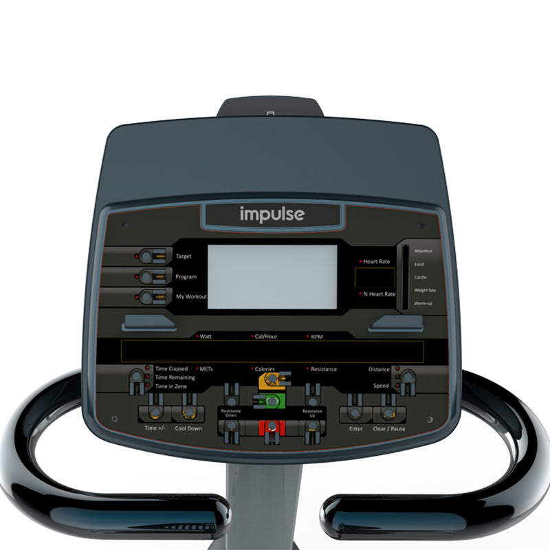 Impulse Encore ECR7 Recumbent Exercise Bike. Close up view of the digital console on a white background