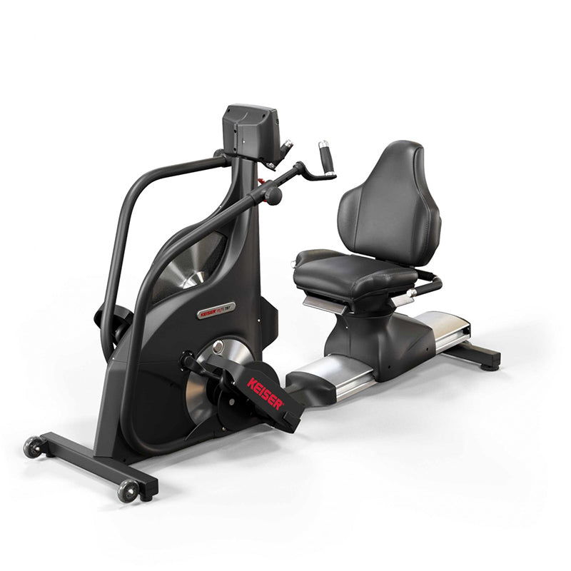 Keiser M7i Total Body Recumbent Stepper exercise bike. Full view of the bike on a white background
