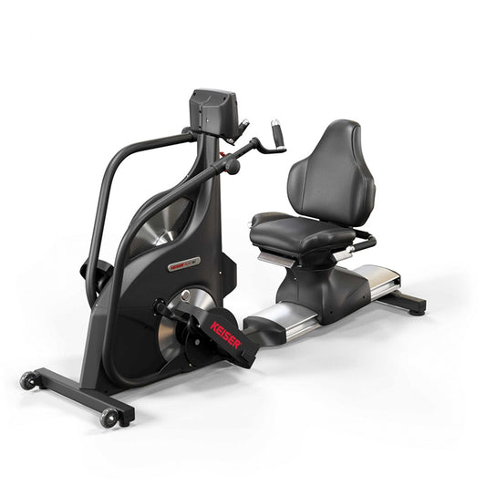 Keiser M7i Total Body Recumbent Stepper exercise bike. Full view of the bike on a white background