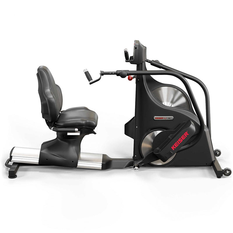 Keiser M7i Total Body Recumbent Stepper exercise bike. Full view of the bike from the right side view on a white background