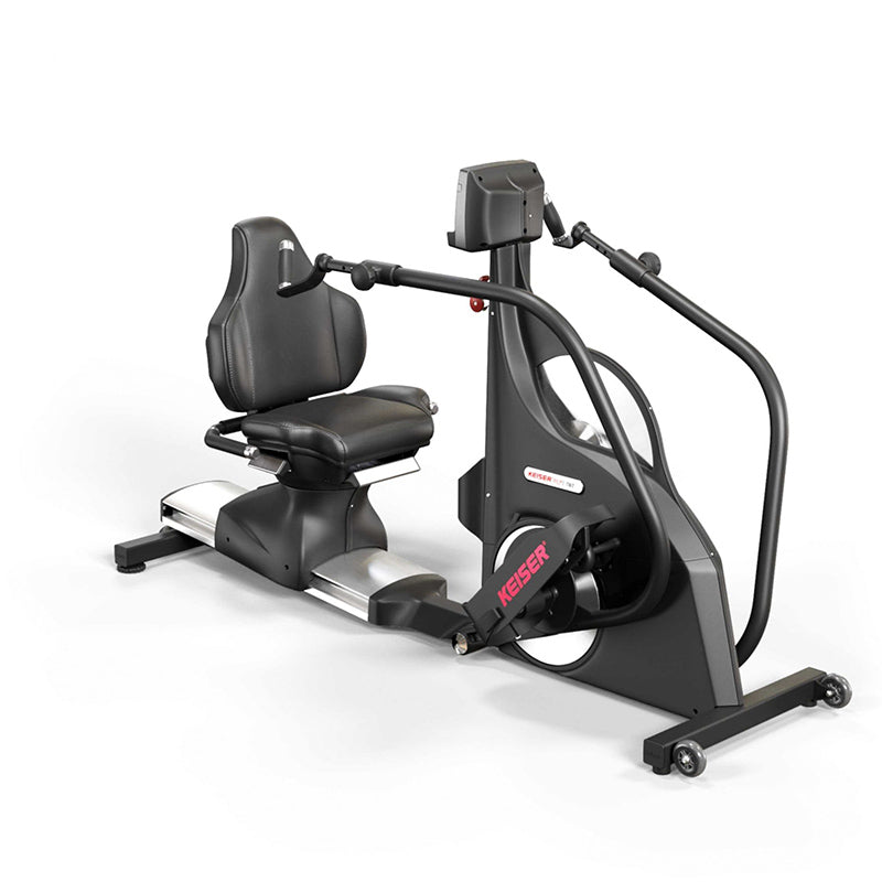 Keiser M7i Total Body Recumbent Stepper exercise bike. Full view of the bike from the front on a white background