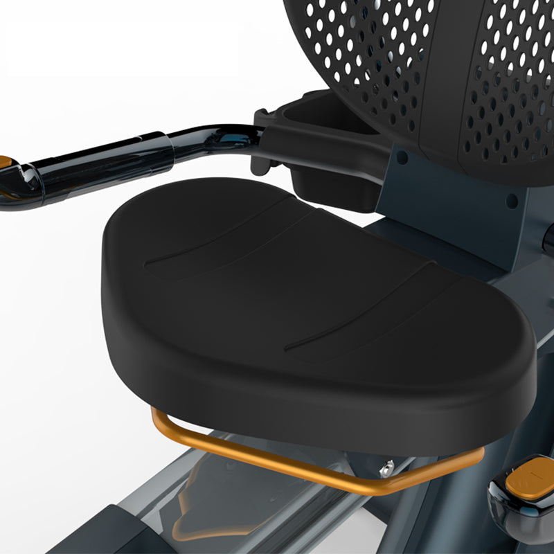 Impulse Encore ECR7 Recumbent Exercise Bike. Close-up of a black bike seat with gold metal bracket on a white background