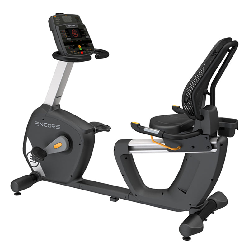 Impulse Encore ECR7 Recumbent Exercise Bike. Full view of the product from a front view side angle with digital display on a white background