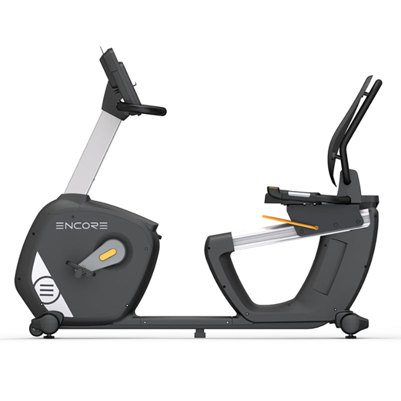 Impulse Encore ECR7 Recumbent Exercise Bike. Full view of the product from a side view with digital display on a white background