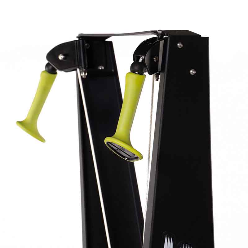 Attack Fitness Ski Attack Ski Machine in black. Close up of the green handles on a white background