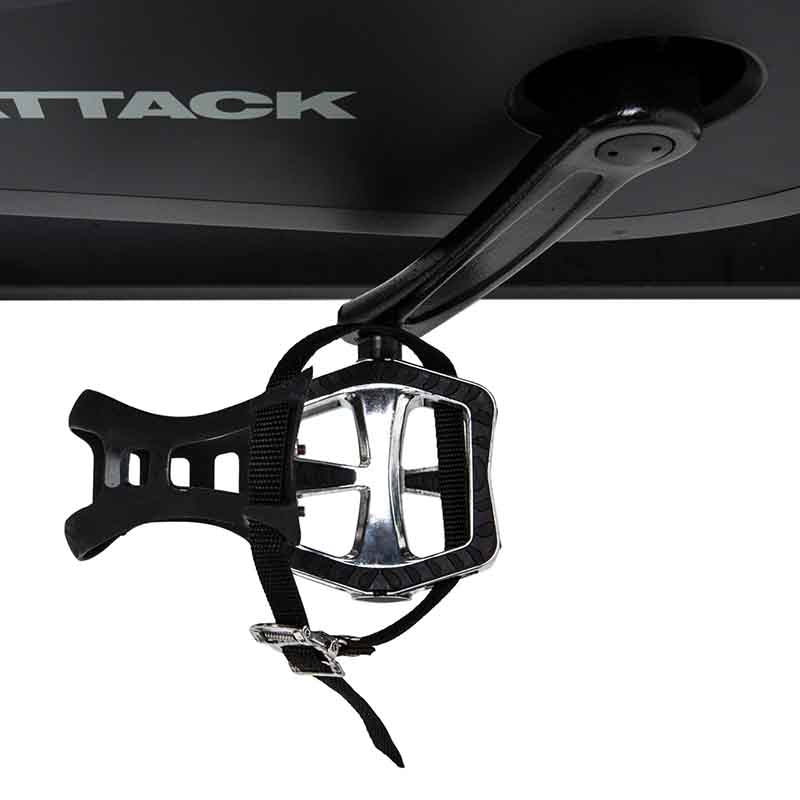 Attack Fitness Spin Attack B1 Indoor Cycle in black. Close-up of the black and silver climbing pedal