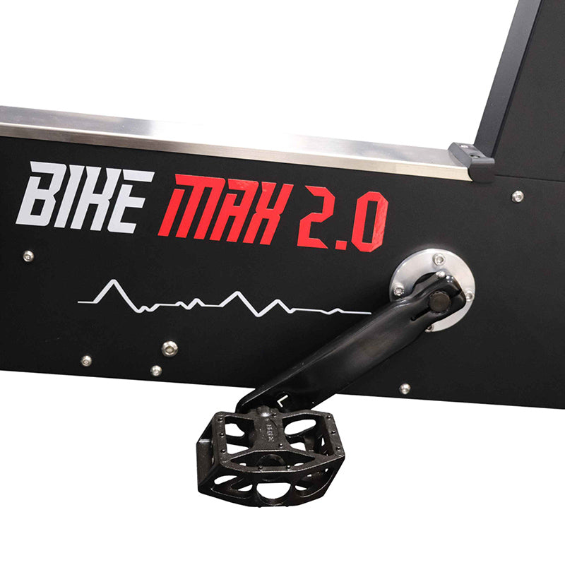 Close-up of the Gym Gear Bike Max 2.0 exercise bike in black with digital display on a white background pedal