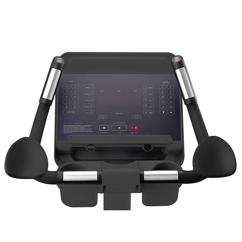 Close-up of the exercise bike with a digital display in black on a white background