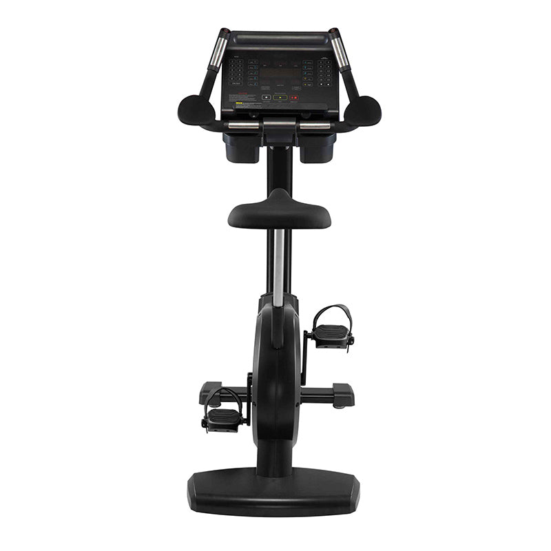 Gym Gear C97 Upright exercise bike n black from a back view with digital display on a white background