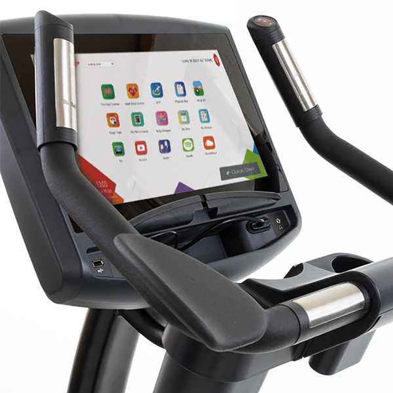 Gym Gear C98e Upright exercise Bike Close-up the tablet mounted with app icons displayed.