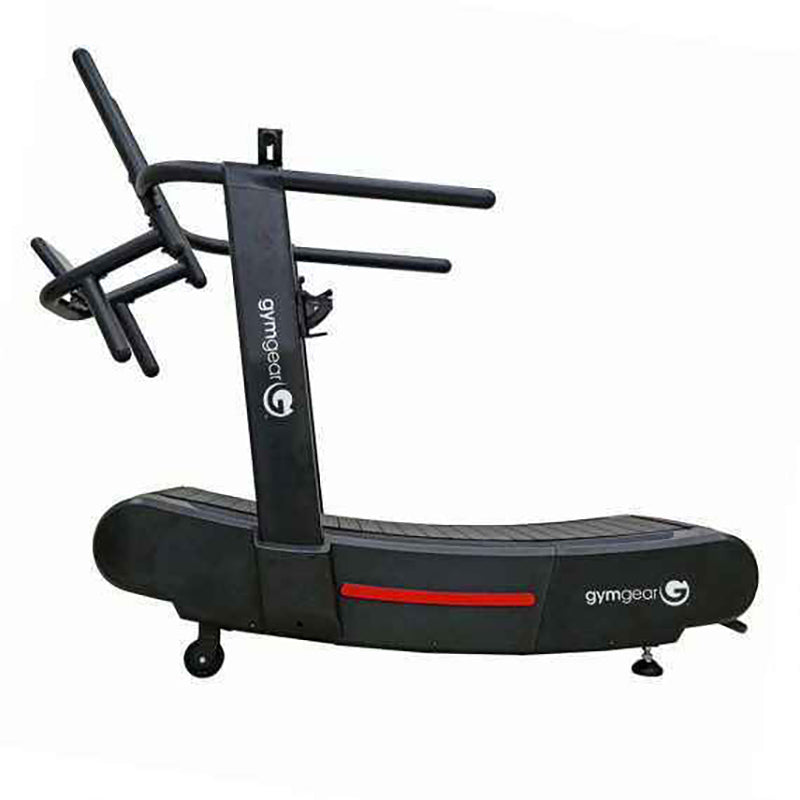 Gym Gear Curve 2.0 PLUS Treadmill in black with 'gymgear' branding from a side view on a white background