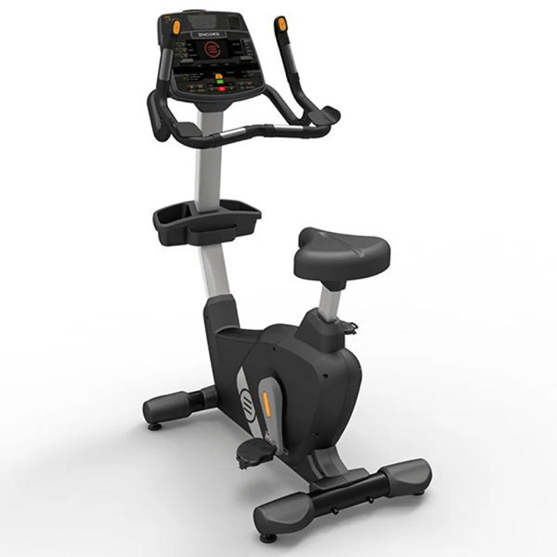 Impulse Encore ECU7 Upright Exercise Bike, full view of the product from the back with digital display on a white background