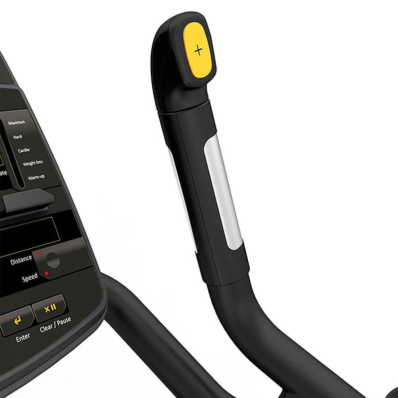 Impulse Encore ECU7 Upright Exercise Bike. Close-up of a black and yellow exercise bike handlebar that control speed  on a white background