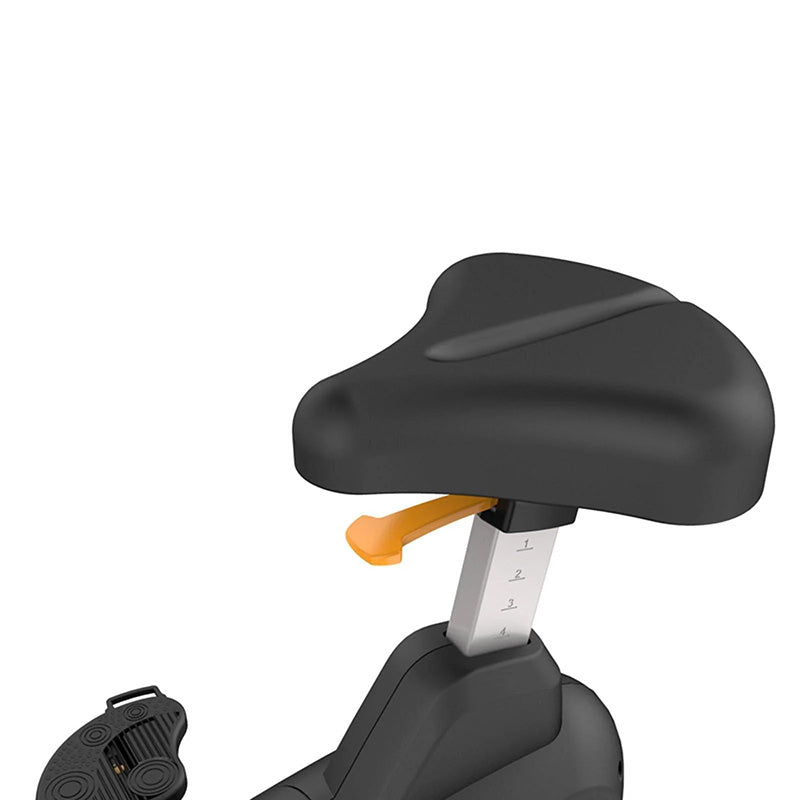 Impulse Encore ECU7 Upright Exercise Bike. Close up of the Black seat with adjustable mechanism on a white background