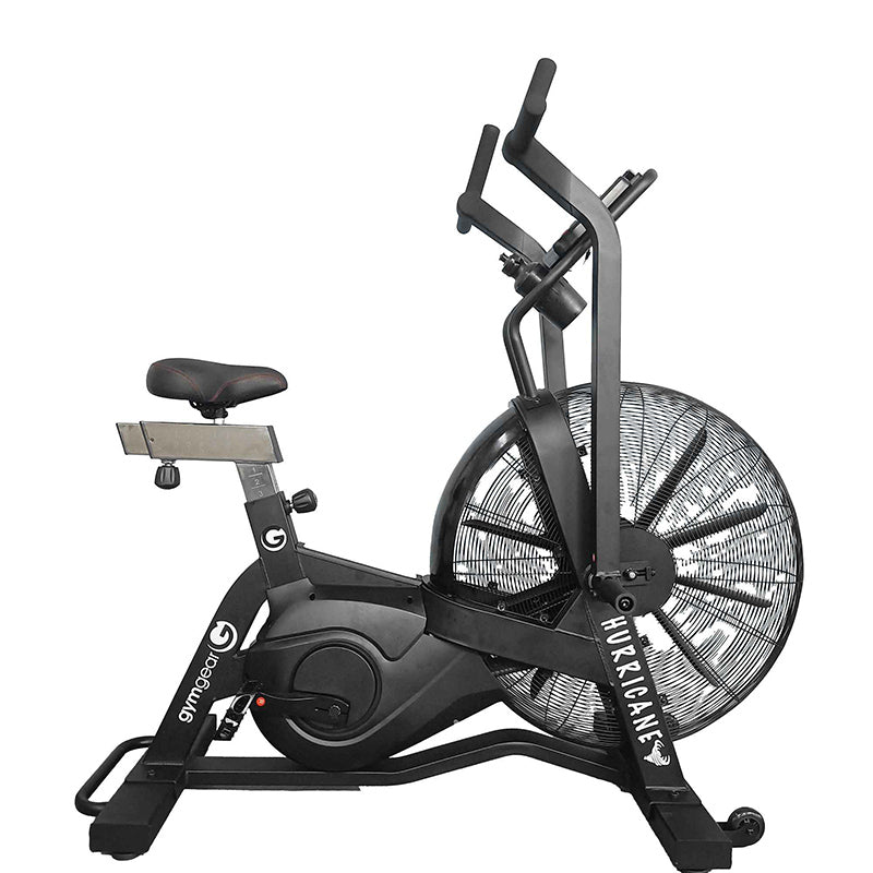Gym Gear Hurricane Air Bike exercise bike in black, full view from the right side on a white background