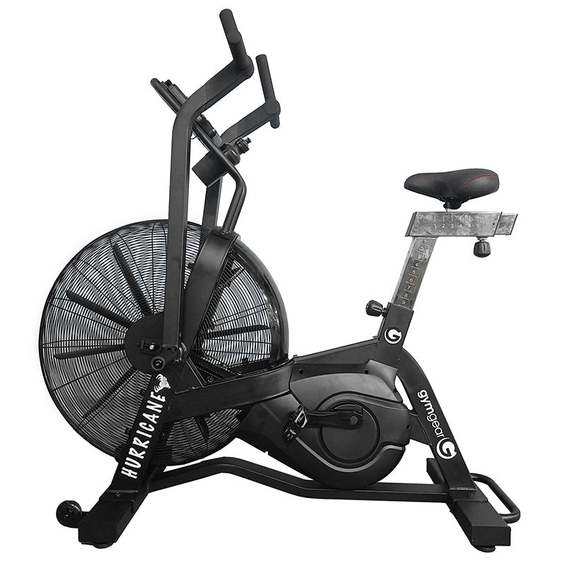 Gym Gear Hurricane Air Bike exercise bike in black, full view from the left side on a white background