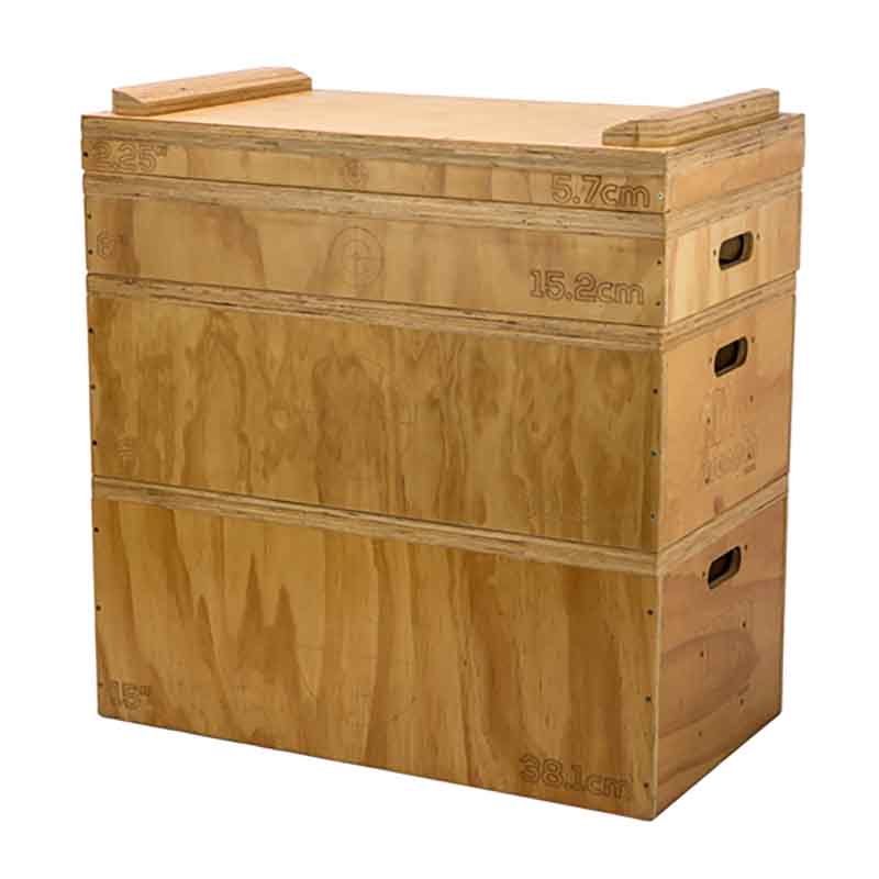 Stack of wooden boxes with measurements on a white background