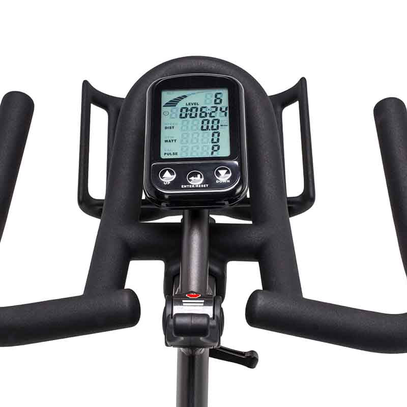 Close-up of a digital display on the Attack Fitness Spin Attack M1 Indoor Cycle with black handles.