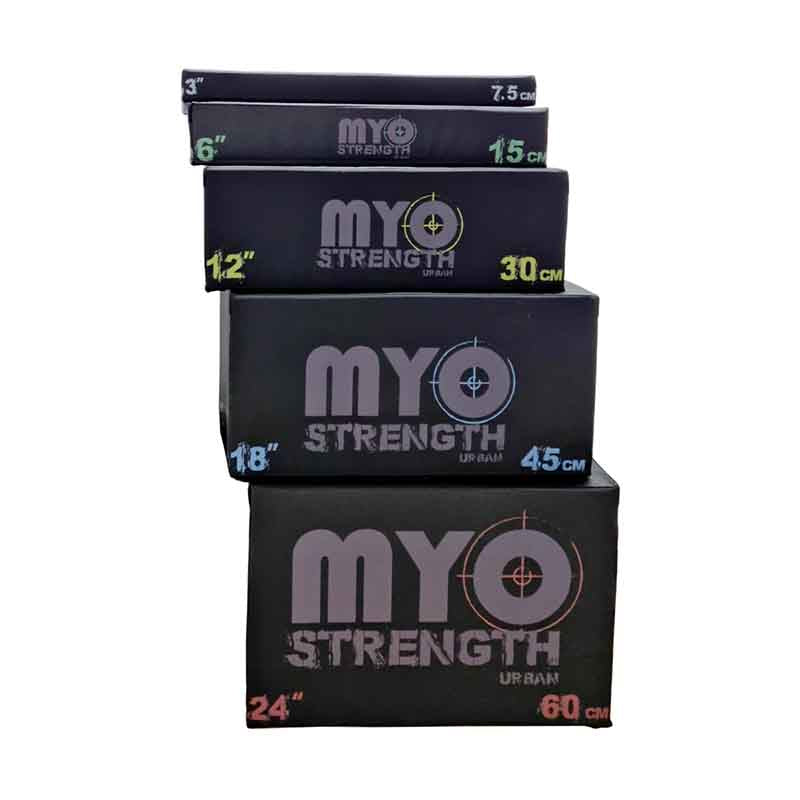 Stack of MYO Strength Soft Plyometric Platform Box Set from a front view, on a white background