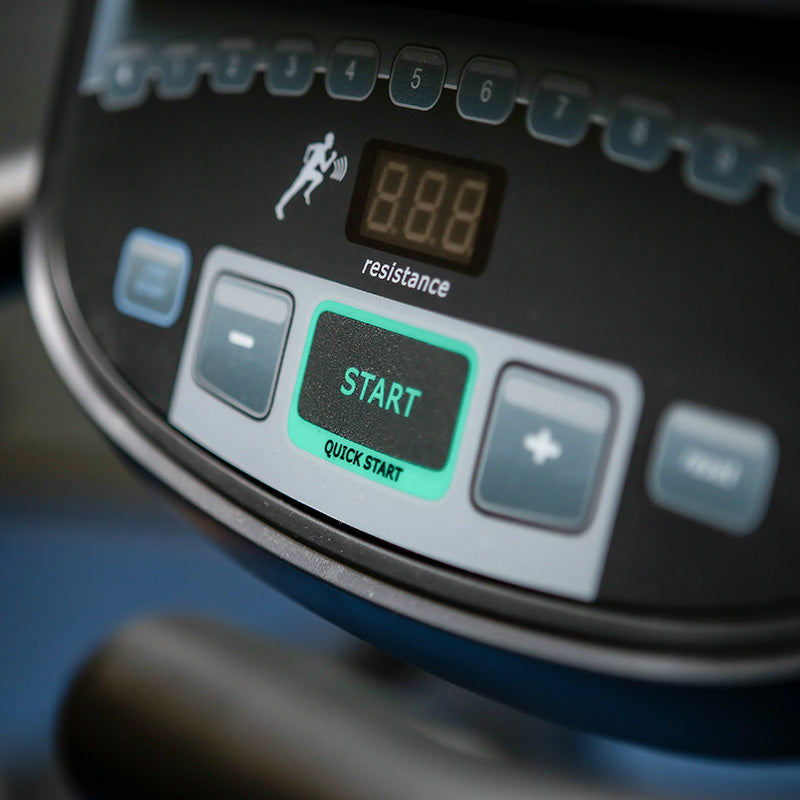 Impulse RU700 Upright exercise Bike. close up of the Control panel with digital display and buttons.
