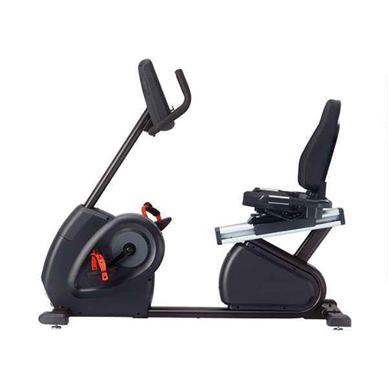 Gym Gear R97 Recumbent Bike in black with digital display and from a side view on white background