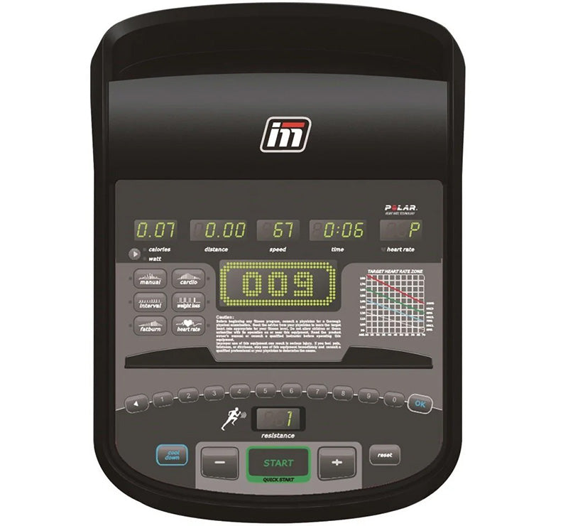 Impulse RR700 Recumbent exercise bike, Close-up of the treadmill console with digital display and control buttons on a white background