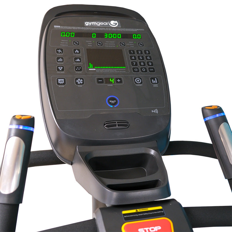 Close-up of the Gym Gear SC8 Stairclimber console with digital display on a white background