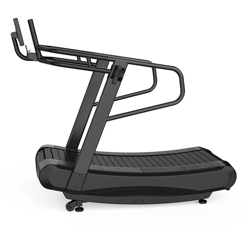 Origin Storm Curved Treadmill Black treadmill, Full view of the product from a side view on a white background