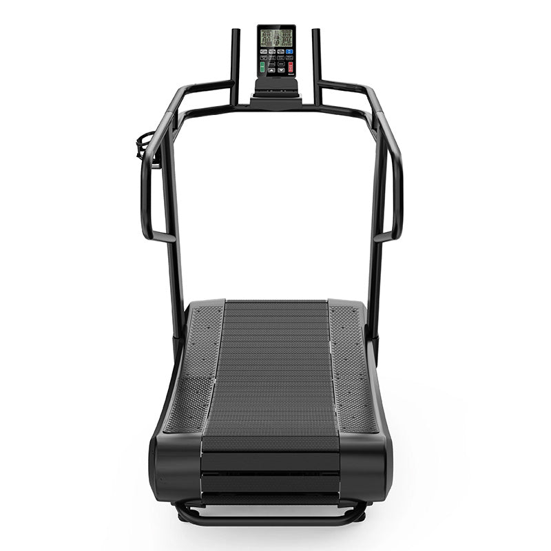 Origin Storm Curved Treadmill Black treadmill, Full view of the product from the back on a white background