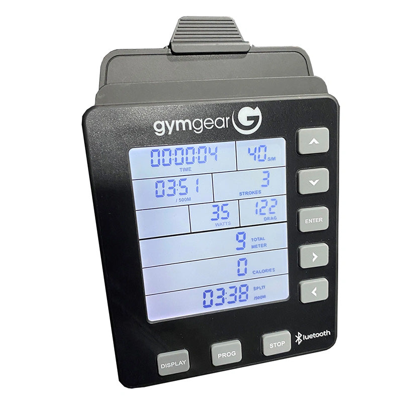 Close-up of the  digital display of the Gym gear Row Max 2.0 rowing machine on a white background