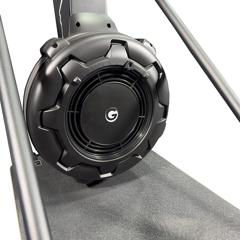 Close-up of the resistance wheel on the Gym gear Ski Max 2.0 Ski machine in black on a white background
