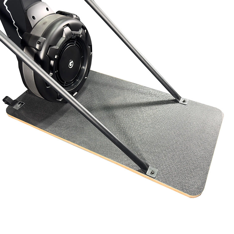 Close-up of the Grey mat with black metal rod support mat for the Gym gear Ski Max 2.0 Ski machine on a white background