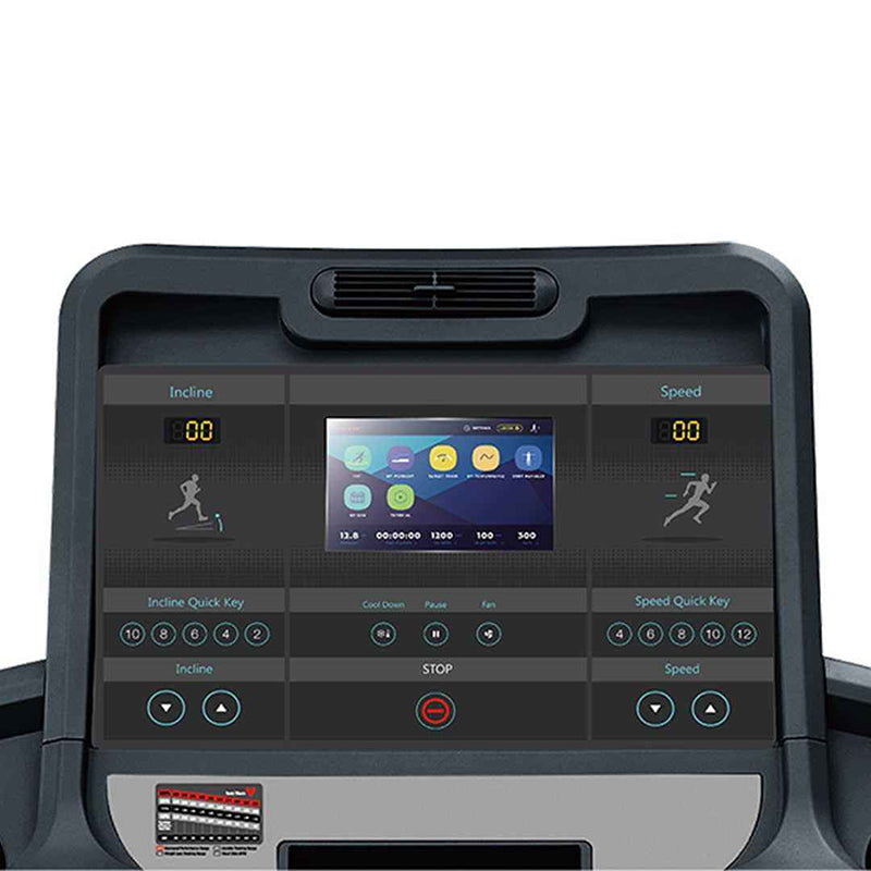Close-up of the treadmill control panel with digital display on a white background