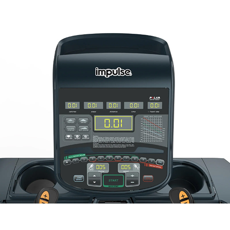 Impulse RT700 treadmill close up of the console with digital display on a white background