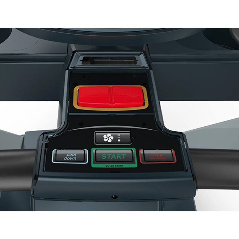 Impulse RT700 treadmill control panel with red safety stop button and green quick start buttons on a machine