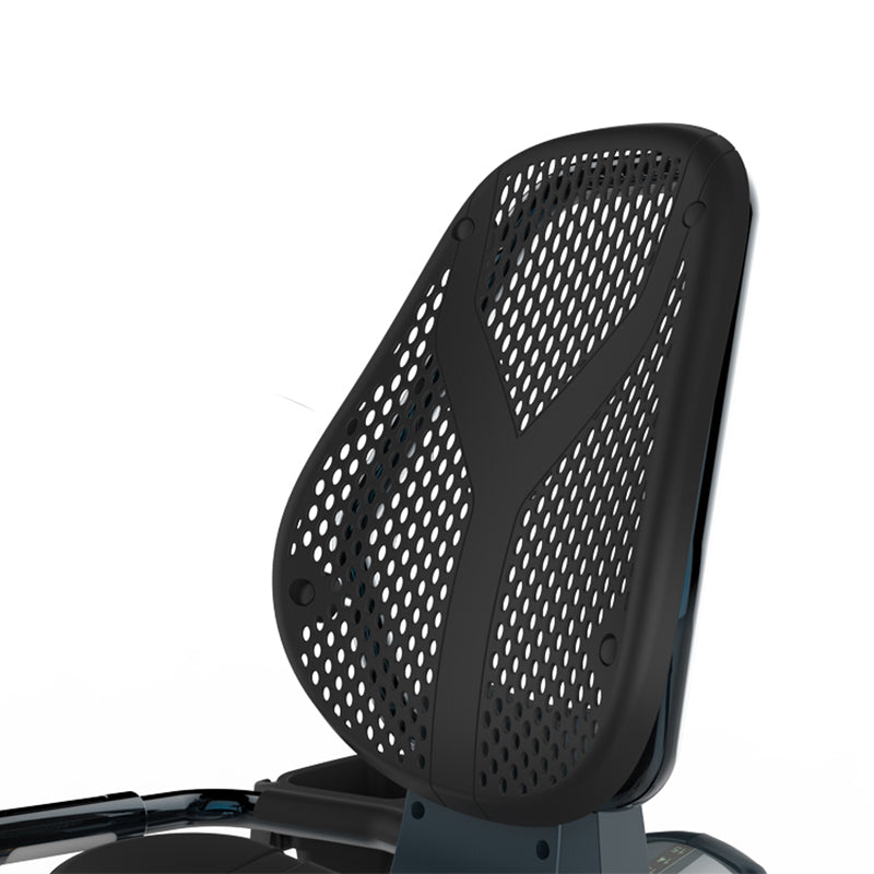 Impulse Encore ECR7 Recumbent Exercise Bike. Close up of the black mesh backrest on a white background
