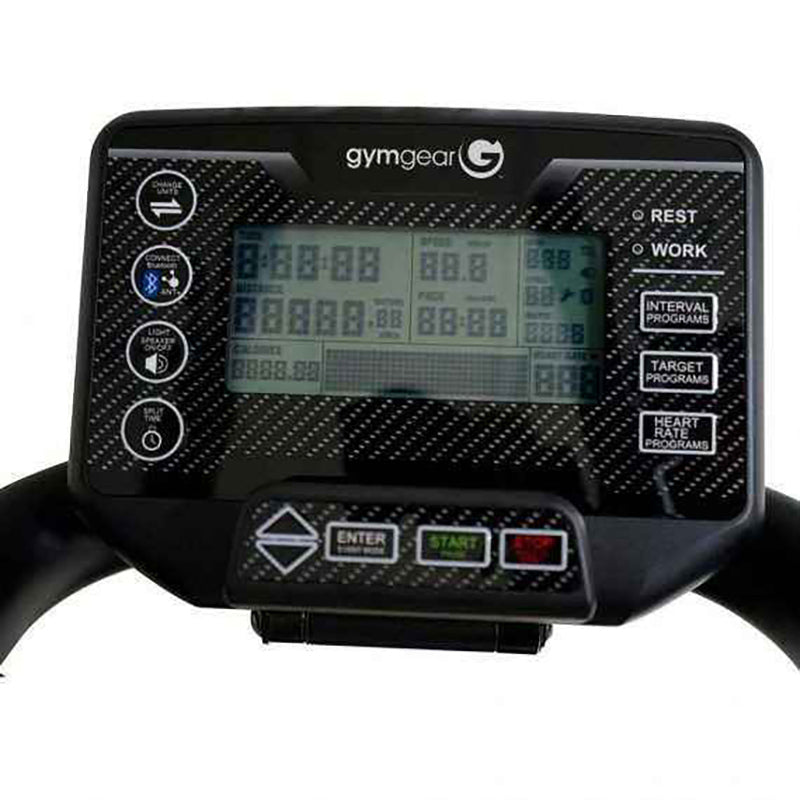 Gym gear exercise bike console with digital display on a white background
