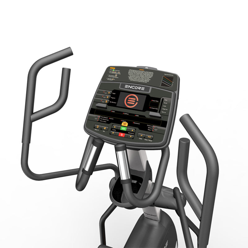 Impulse Encore ECE5 Elliptical Cross Trainer, showing a close up of the digital display and handles on a white background