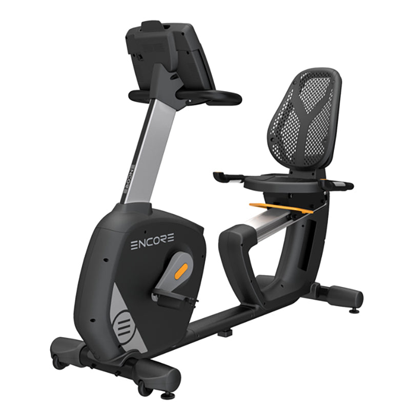 Impulse Encore ECR7 Recumbent Exercise Bike. Full view of the product from a front view side angle on a white background