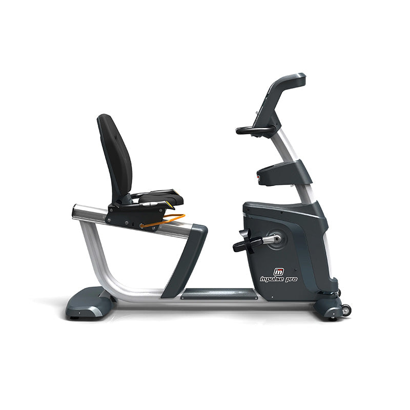 Impulse RR700 Recumbent exercise bike with digital display, side on view on a white background