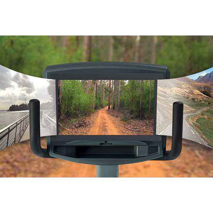 Gym Gear R98e Recumbent exercise Bike showing a multiview screen displaying different landscapes with a black frame.