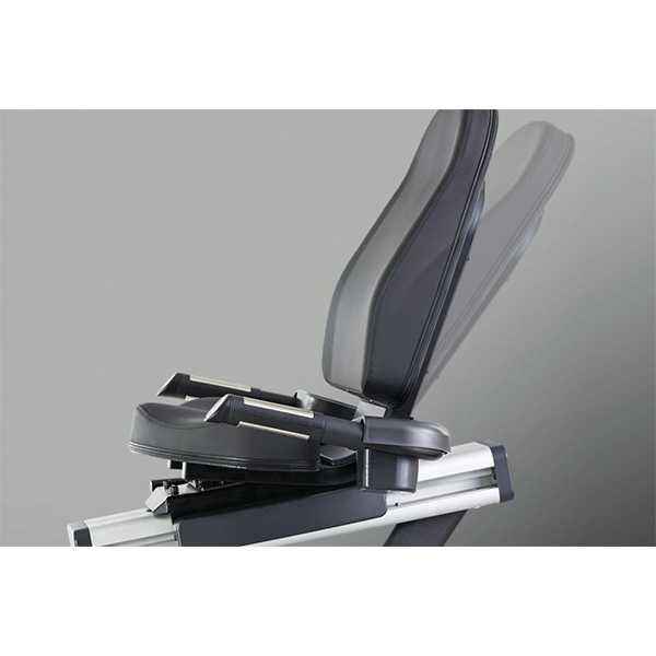 Gym Gear R98e Recumbent exercise Bike Close-up of the black adjustable chair with grey cushion on a grey background