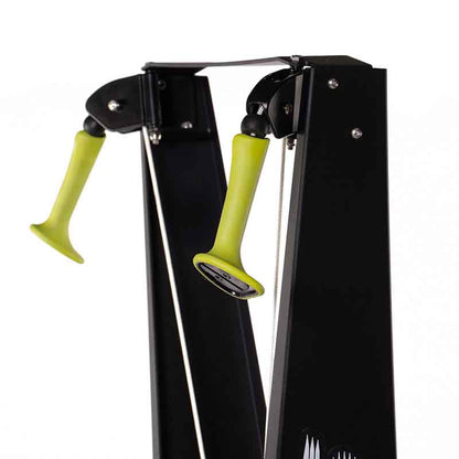 Attack Fitness Ski Attack Ski Machine in black. Close up of the green handles on a white background