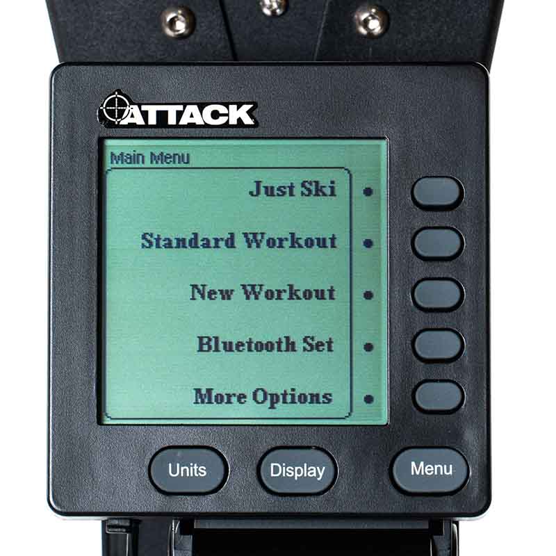 Attack Fitness Ski Attack Ski Machine in black on a white background. Close up of the Digital display with menu options