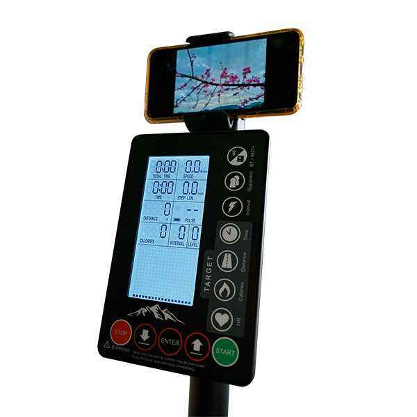 Close-up of the digital display and the phone clip attachment for the Gym gear Ascend 2.0 Vertical Climber in black on white background