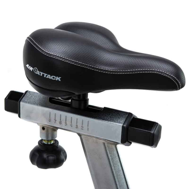 Attack Fitness Fan Air Bike in Black on a white background. Close up of the saddle with adjustable mechanism
