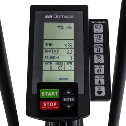 Attack Fitness Fan Air Bike in Black on a white background. Close up of the digital display