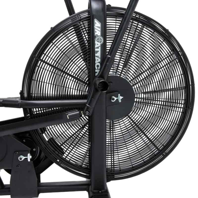 Attack Fitness Fan Air Bike in Black on a white background. Close up of the bike wheel fan 