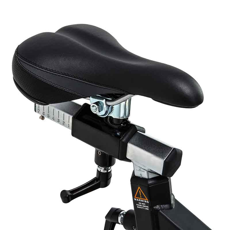 Attack Fitness Spin Attack B1 Indoor Cycle in black. Close up of the Bicycle seat post with adjustable mechanism on a white background